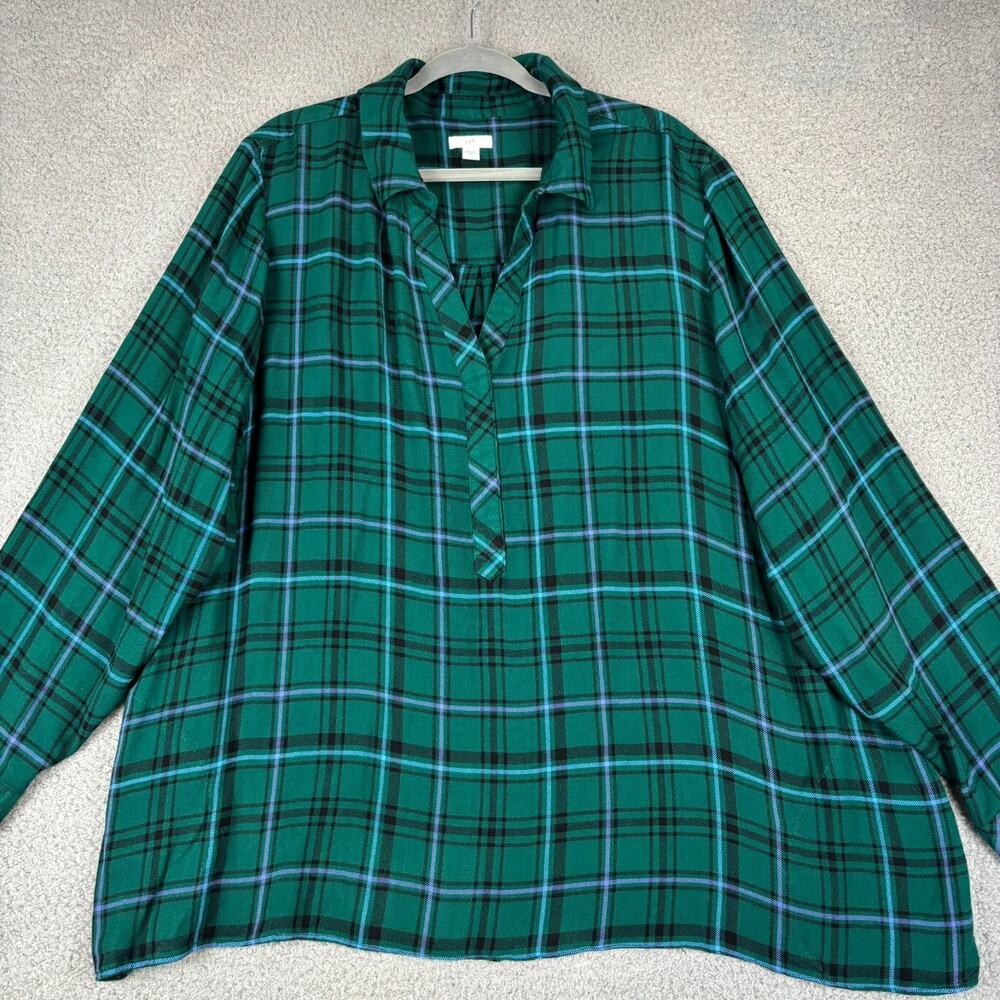 J Jill Tunic Top 4X Green Plaid Pockets Flowy Roomy Collared Long Sleeve Soft - Picture 1 of 12